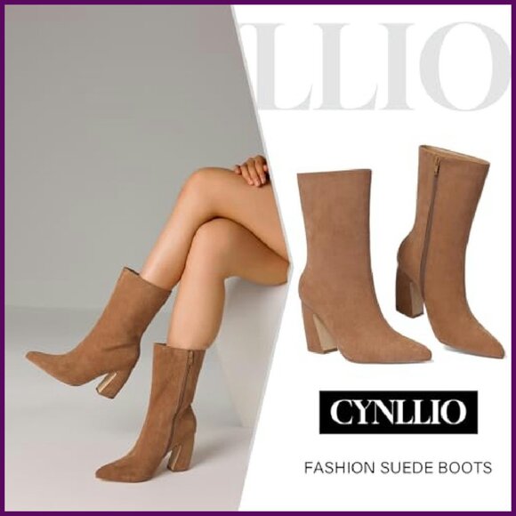 Women's Suede Ankle Boots Pointed Toe 3.35" Heel Wide Calf Winter Booties - Picture 7 of 8